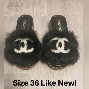 Chanel Black and White Fur Slippers